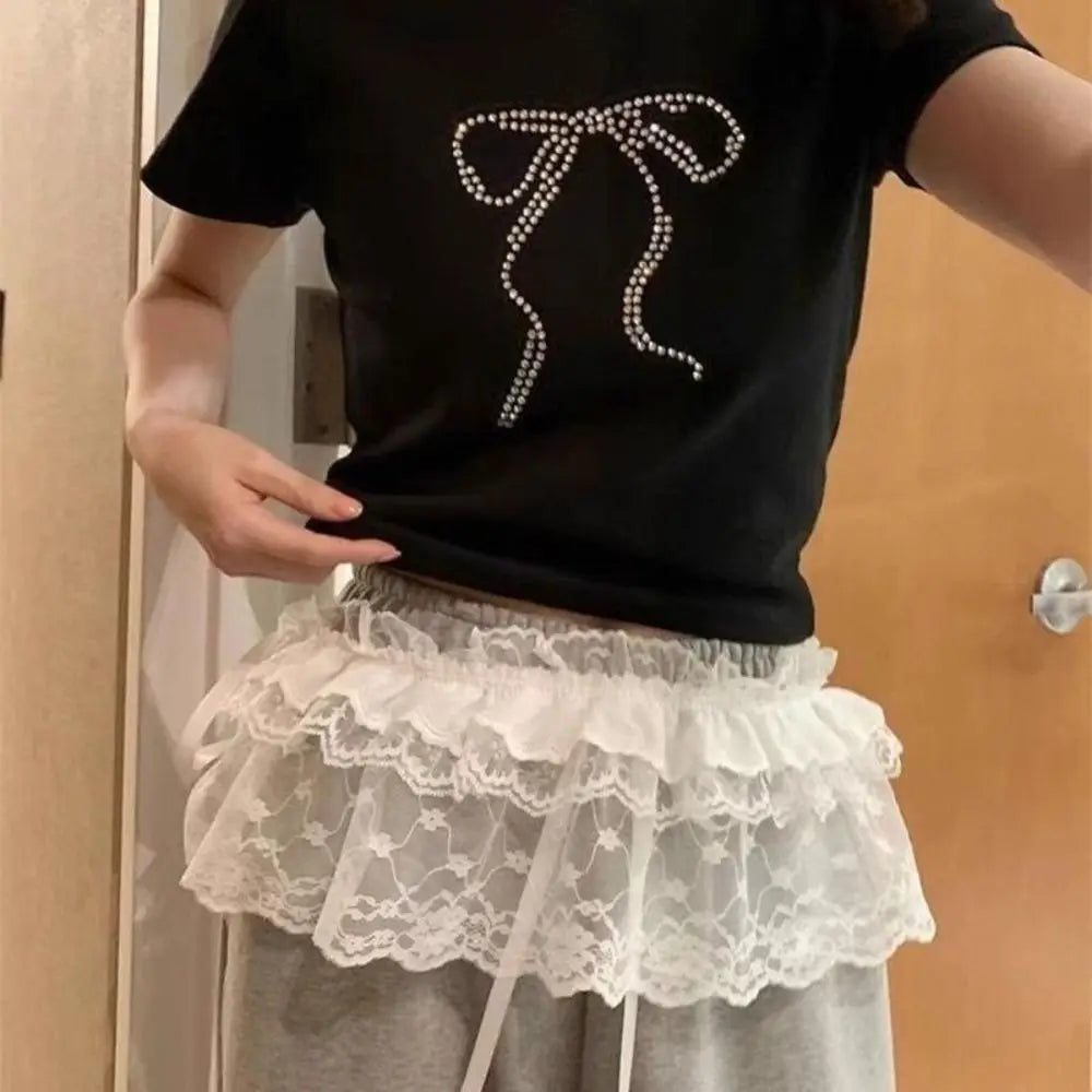 Polyester Embroidered Flower Lace Mini Skirt See Through Y2K Streetwear Ruched Skirts Harajuku Butt Curtain Jeans Decoration