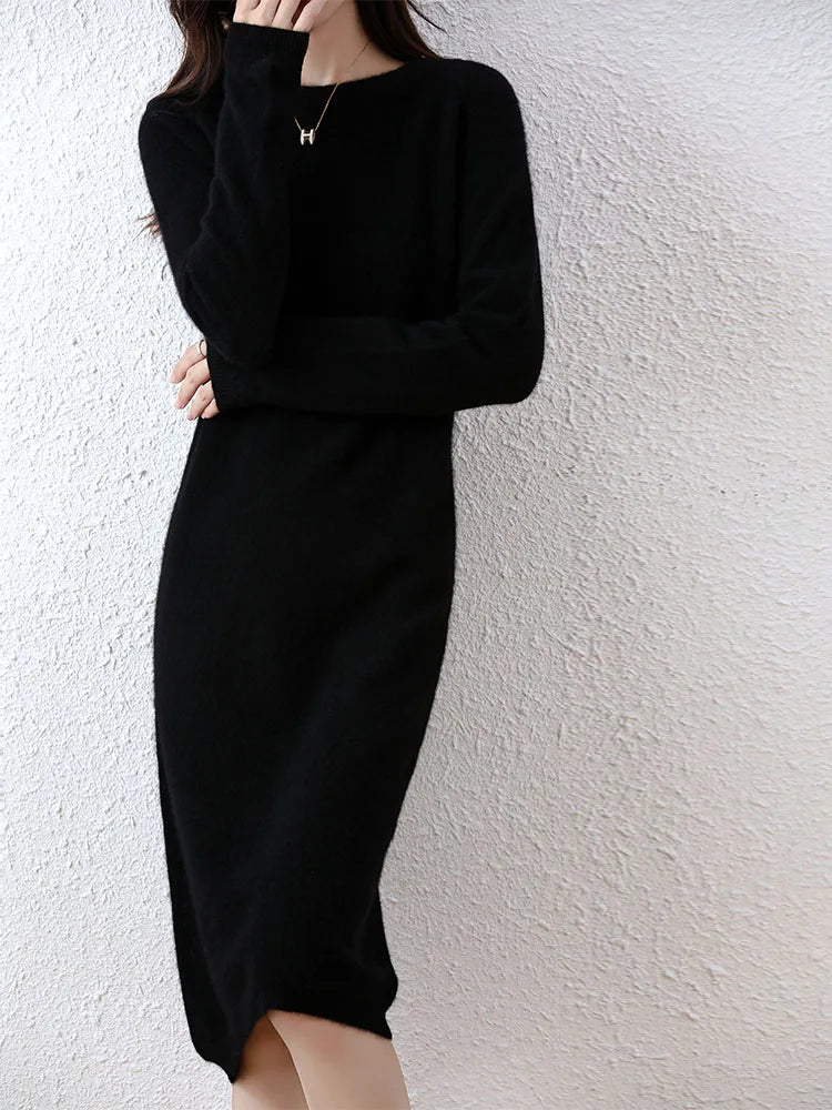 Cashmere Sweater Knitted Dresses 100% Merino Wool Women's Winter Female Elegant Pullovers Dress Autumn Casual Long Sleeve Skirts