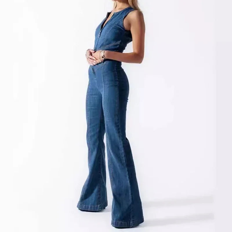 Fashion Denim Jumpsuit Women's Sexy New Tank Slim Sleeveless High Waist Hollow Zipper Backless Love Jumpsuits Streetwear Women