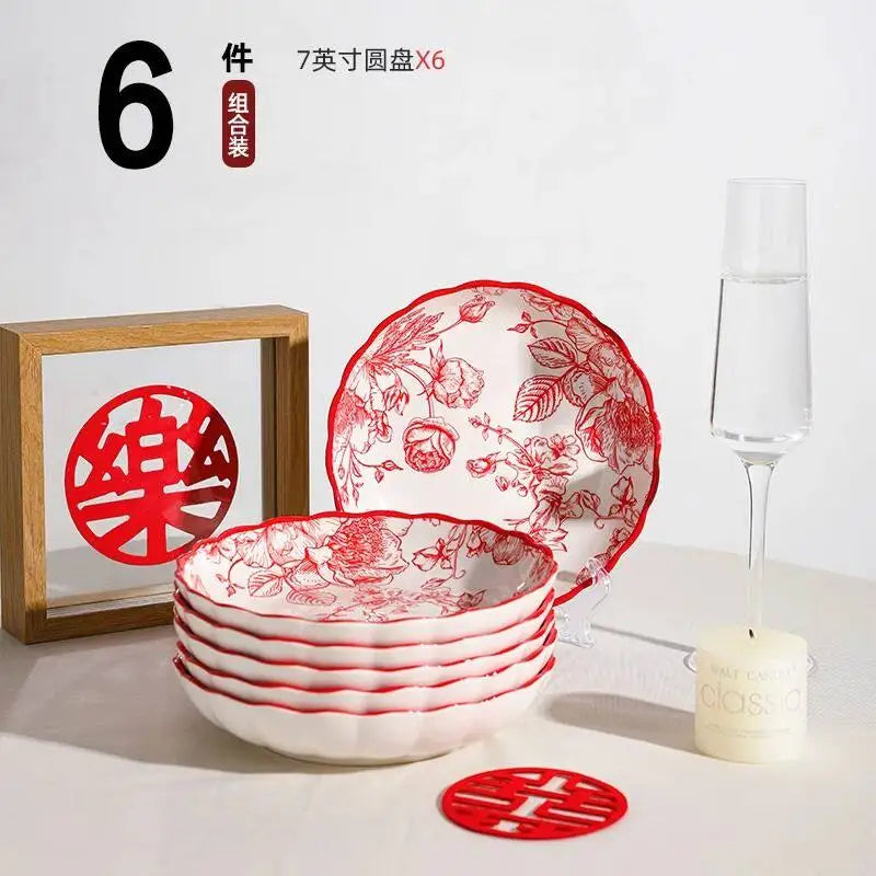 Modern Red Dinner Set Plates Luxury Designer Italian Round Plates Dinner Sets Ceramic Elegant Aparelho De Jantar Kitchen Dishes