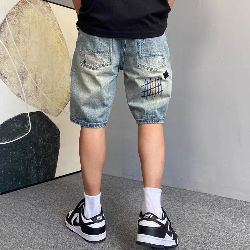 Summer Men American High Street Denim Short Pants Male Lightweight Straight Leg Casual Jeans Fashion Vintage Embroidered Shorts