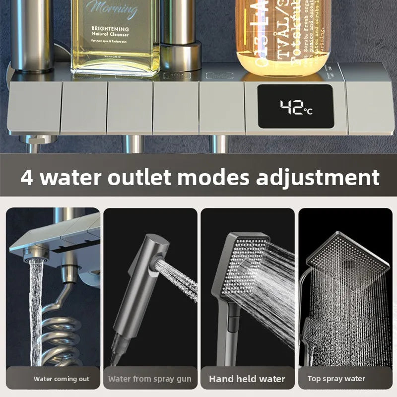 Luxury Shower System for Bathroom Wall Mount Smart Temperature Display Rainlfall Shower Faucet Set Piano Key 4 Ways Water Outlet