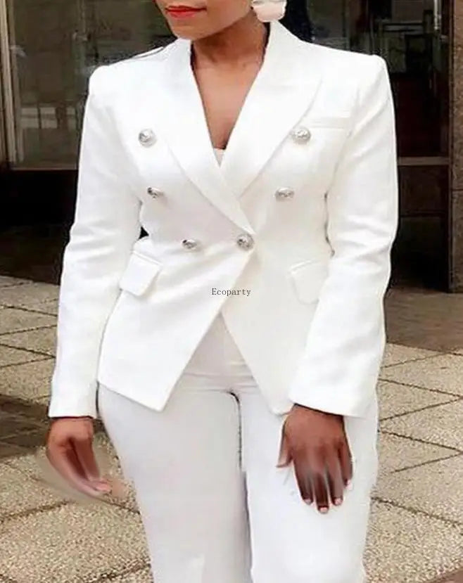 2 Office Ladies Two Piece Sets Womens Outifits 2023 Spring Fashion Long Sleeve Double Breasted Blazer & Plain Elegant Pants Set
