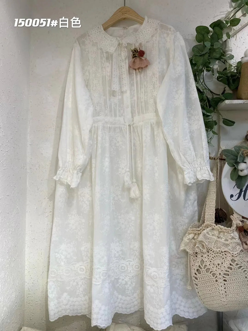 Vintage Embroidery Long Sleeve Cotton Linen Dresses Women Japanese Mori Girl Ruffled Lace Collar Loose Midi Dress Casual Vestido