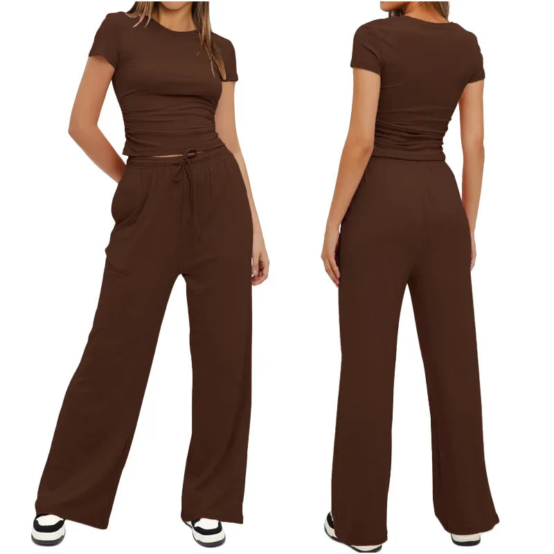 Women's Summer Solid Loose Casual Tracksuit Two Piece Set O Neck Short Sleeve T Shirt Wide Leg Pants Sportswear