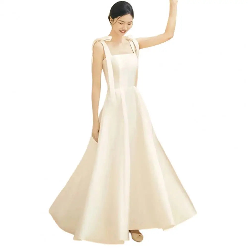 Women Wedding Dress Satin Lace-up Shoulder Strap Bow Square Neck A-line Big Swing Solid Color Sleeveless Elegant Evening Dress
