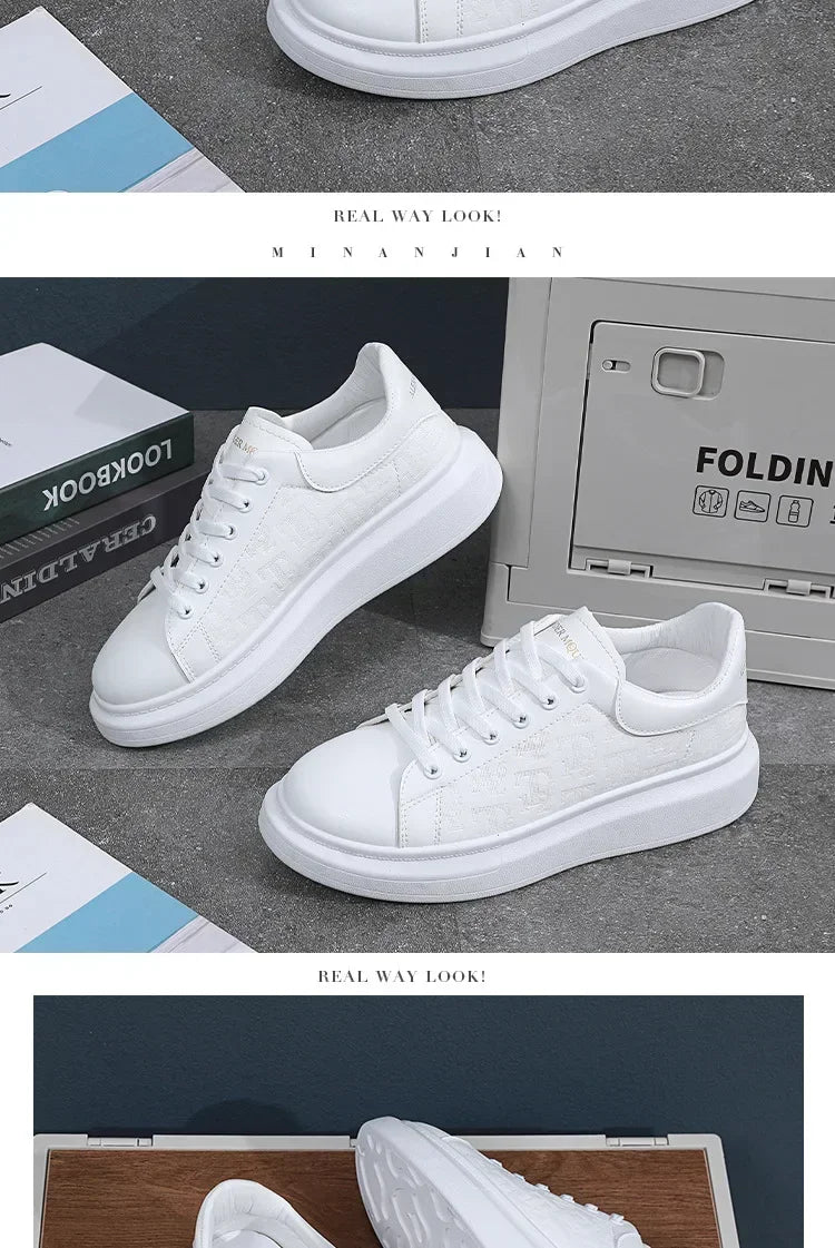 2026 Men's Casual Shoes Spring and Autumn Flat-soled Casual Leather Shoes Sports Shoes Black and White Men's Thick-soled Shoes