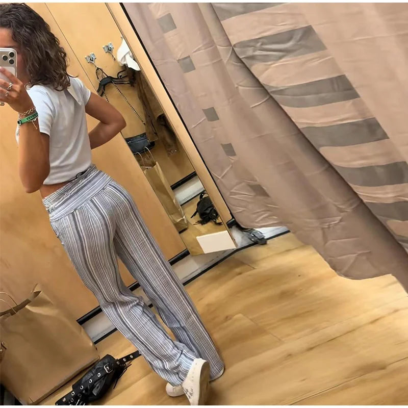 Color Vertical Stripe Women's Wide Leg Pants Folded Wide Waistband Side Thin Drawstring Tie Relaxed Drape Length Casual Pants