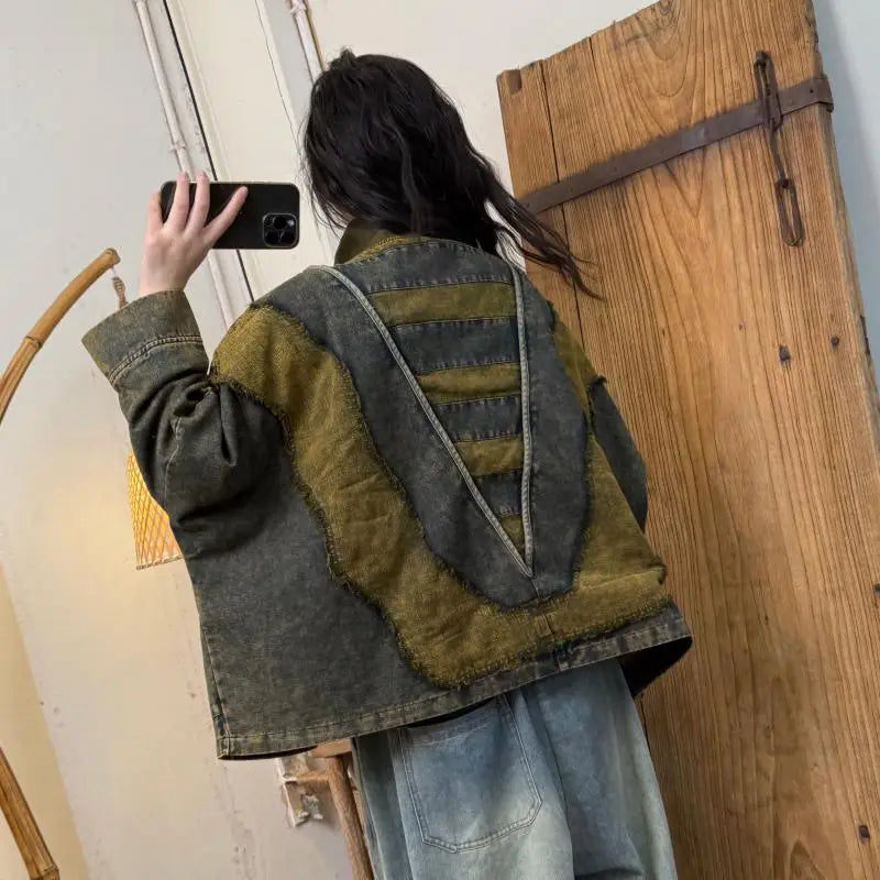 Spring Autumn New Arts Style Women Batwing Sleeve Turtleneck Pullovers Cotton Denim Vintage Patchwork Loose Hoodie Coat TH139