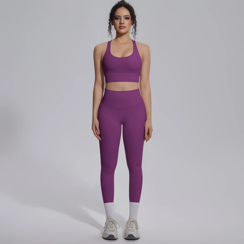 2PCS Yoga Set Summer Gym Sports Running Yoga Clothing Solid Color Cross Bra Workout Top High Waisted Quick Drying Fitness Pants