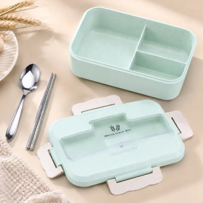 Wheat Straw Lunch Box Microwave‑Safe Portable Bento Box with Tableware Food Storage Container for Kids School Office