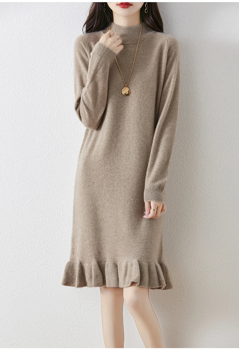 Women's Pure Wool Knitted Dress, High Collar, Pleated, Casual, Fashionable, Warm, 2024 Autumn And Winter