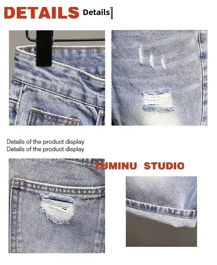 Trendy Blue Denim Shorts For Men Casual Style Slim Fit Korean Version Ripped Pockets Summer Lightweight Trousers