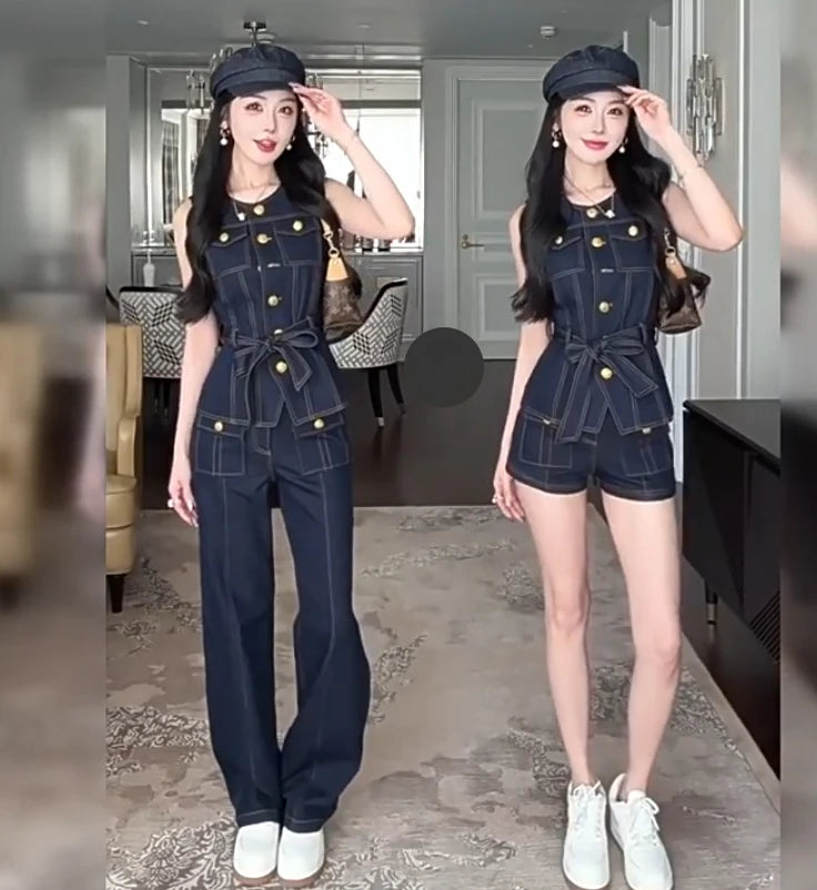 2026 new women's Japanese retro denim vest spring new waist style high-end sleeveless top denim trousers