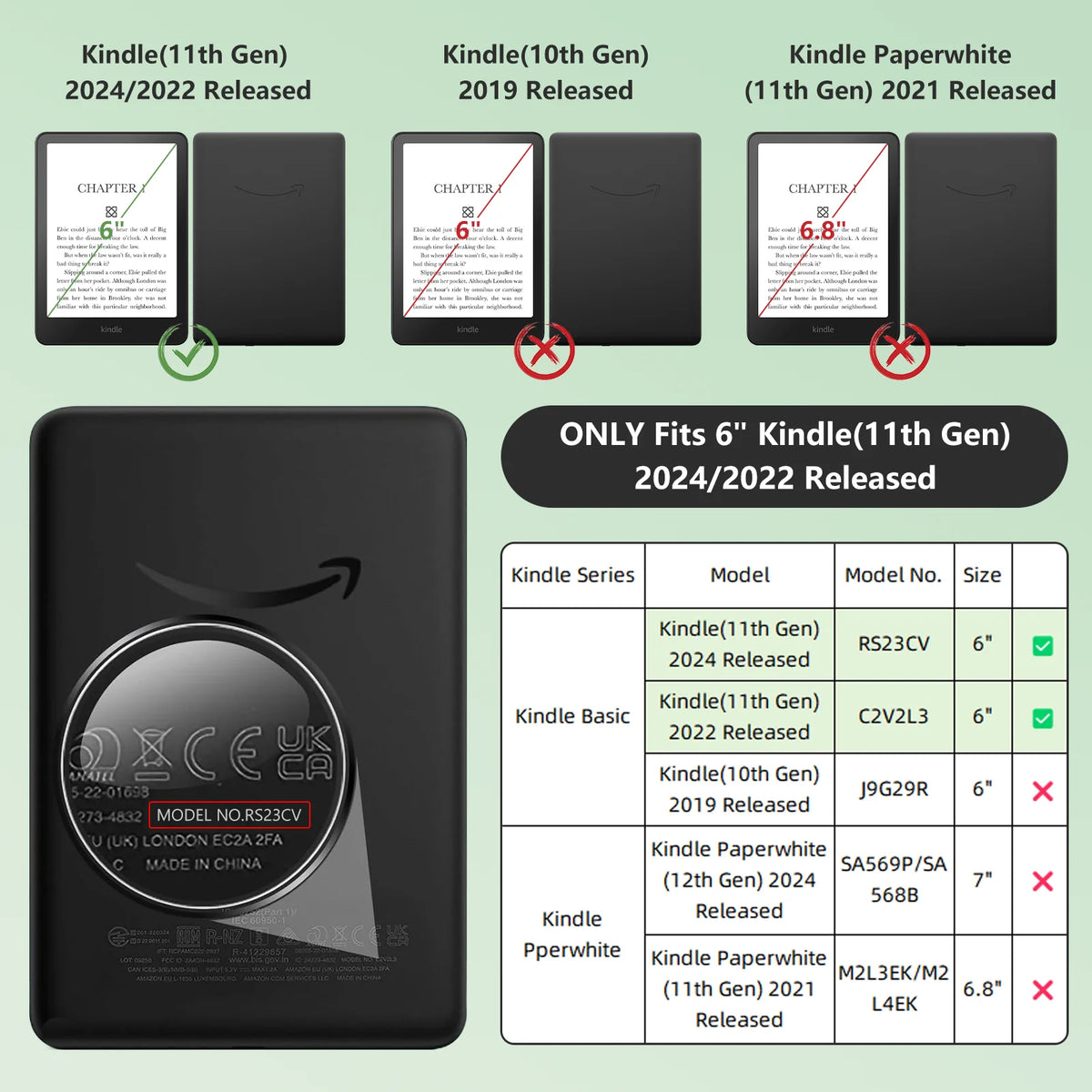 Magnetic Detachable Case for 6" Kindle (11th Gen 2022/2024) - Slim Lightweight PU Protective Cover, Auto Wake/Sleep
