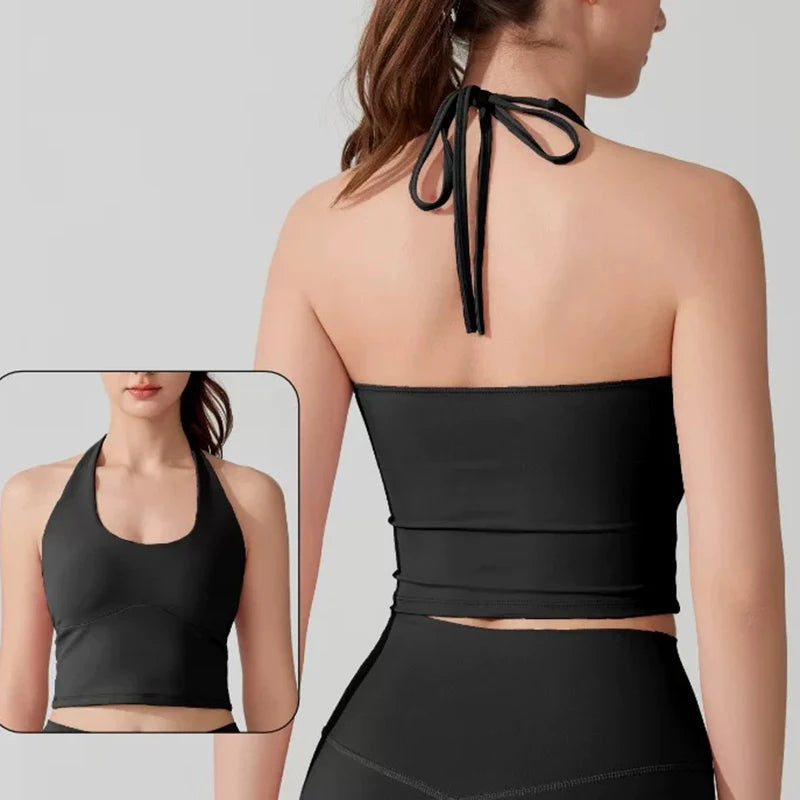 Women's Slimming Halter Neck Tube Top Yoga Vest One Cup Back Sling Fixed Gather Gym Outerwear for Summer Sexy Fitness Bras