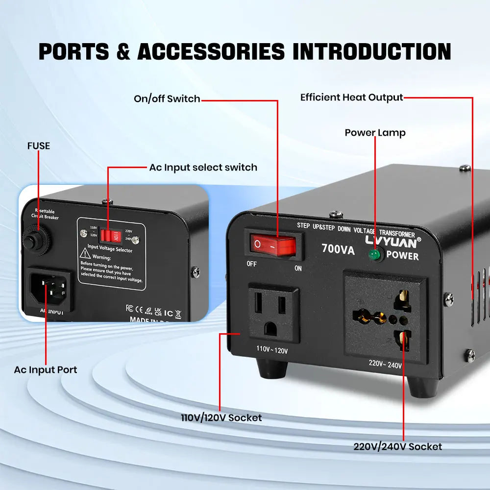 LVYUAN 700VA‑6000VA Heavy Duty Step Up Down Voltage Transformer, 110V/120V to 220V/230V, US EU Socket for Overseas Electrical Equipment