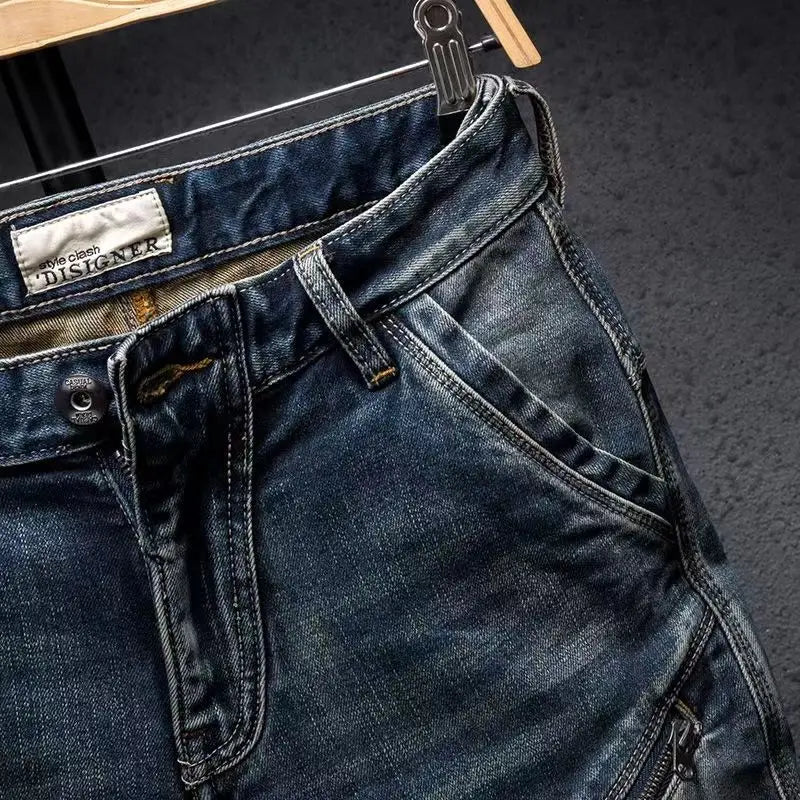 New Autumn Winter Stylish Straight Cargo Vintage Designer Clothes Denim Long Korean Fashion Men Motorcycle Work Stretch Trousers