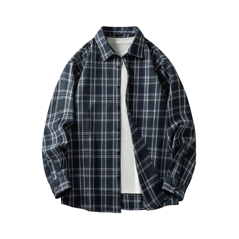 Men Shirt Plaid Flannel Retro Long Sleeve Oversized Loose Cotton Casual Male Youth Design Soft Fall Black Formal Dress Shirt