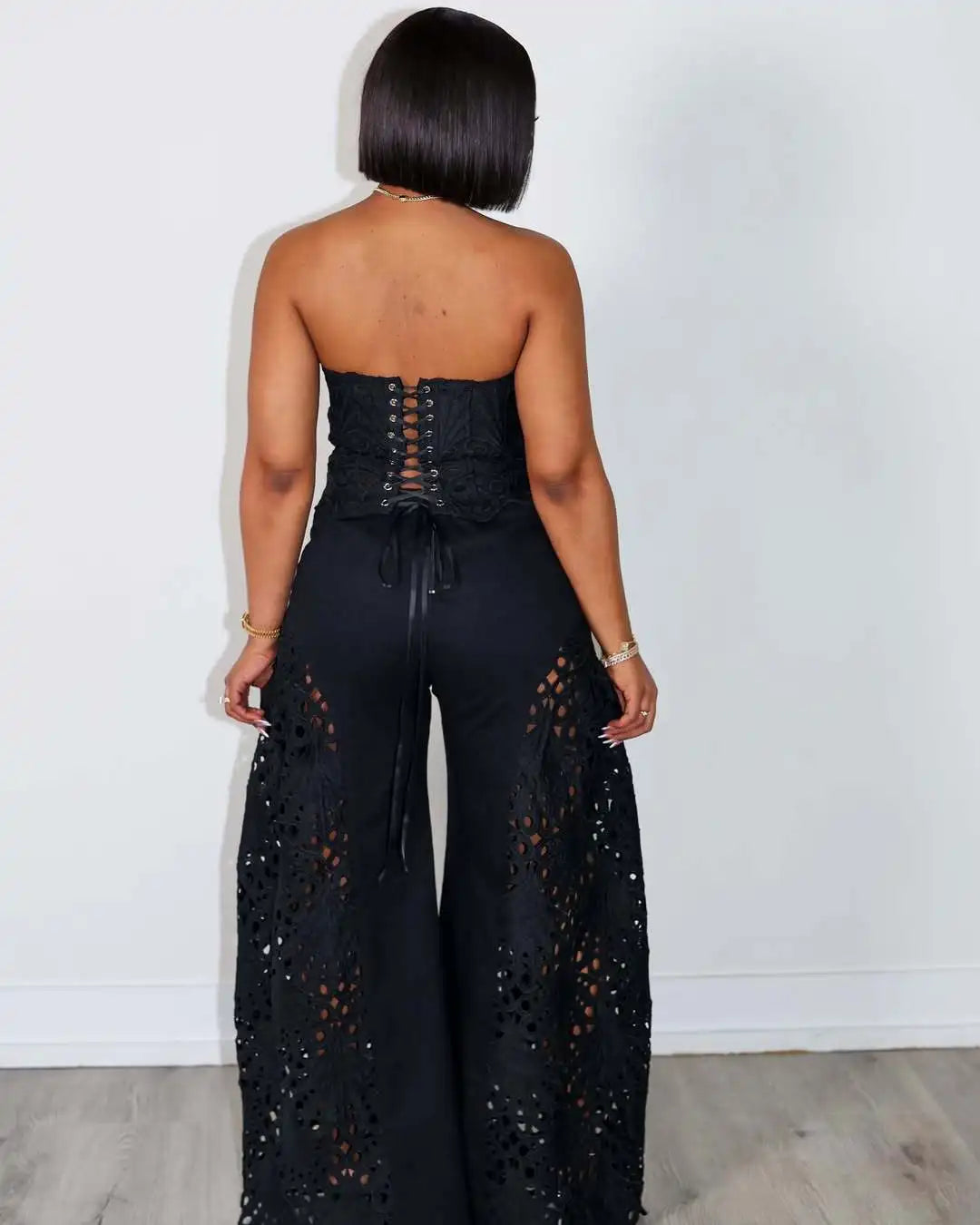 Women's Solid Color Pants Sets Hollow Out Lace Tube Top Cropped Top High Waist Trousers Two Piece Set Sexy Hot Girl Streetwear