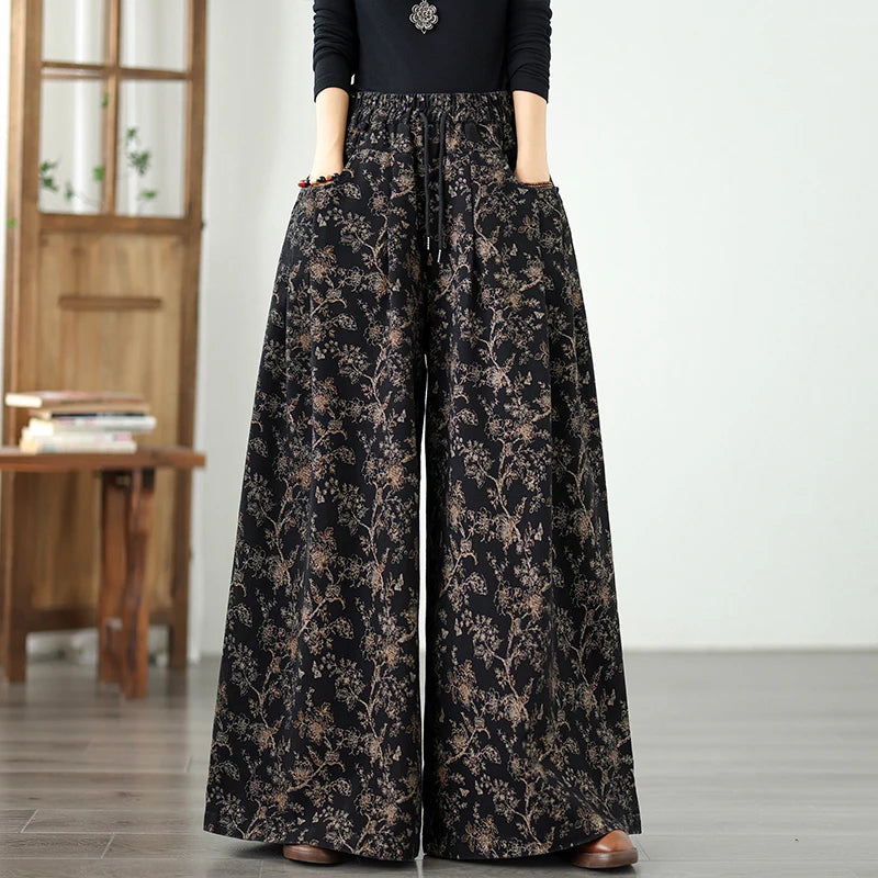 Denim Wide-leg Pants For Women 2025 Autumn New Style Printed Elastic Waist Loose Oversized Casual Denim Straight Pants