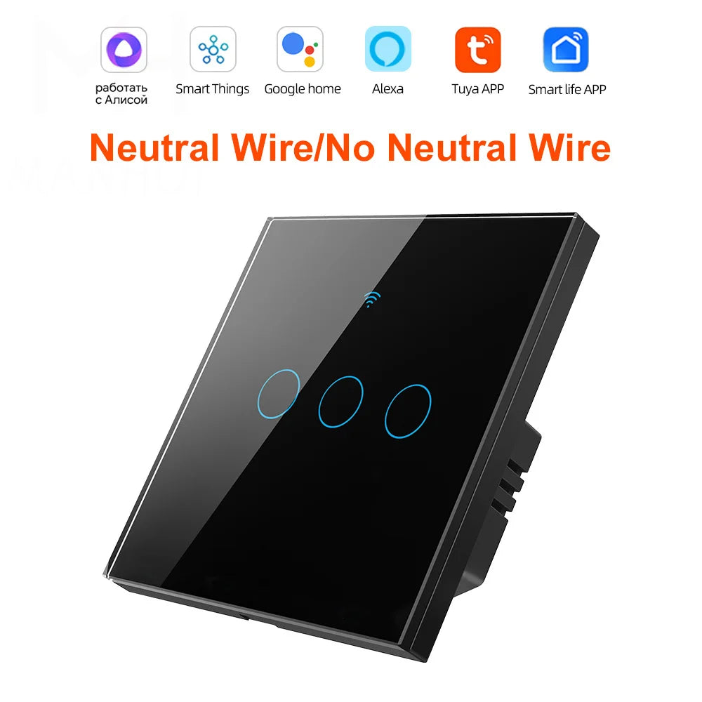 Smart EU Touch Sensor Switch Switches LED Crystal Glass Panel Wall Lamp Light Switch 1/2/3/4Gang No Neutral Wire APP Control
