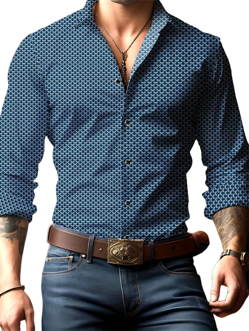2025 men's printed casual shirt with breathable long sleeves and lead buttons suitable for spring and autumn