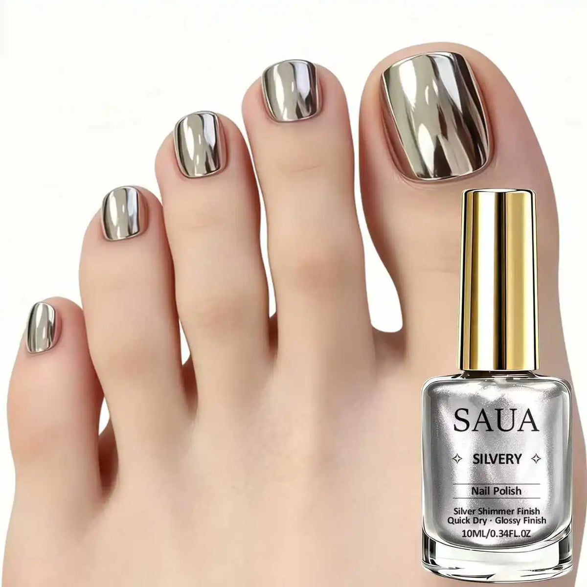 Silver Metallic Nail Polish—Quick-Drying, No UV Lamp Required, Mirror-Like Finish; the Perfect Choice for a Holiday Gift.