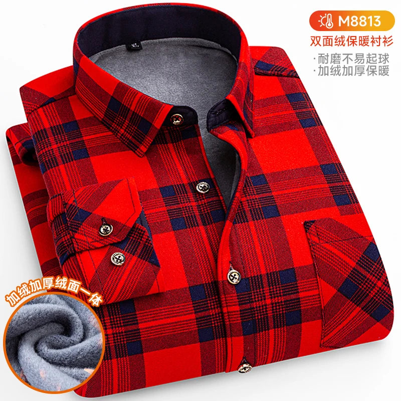 Winter Warm Shirts For Men Regular Fit Thicker Velvet Top Blouse Asia Plus Size Big Plaid Casual Clothing Long Sleeves Shirts