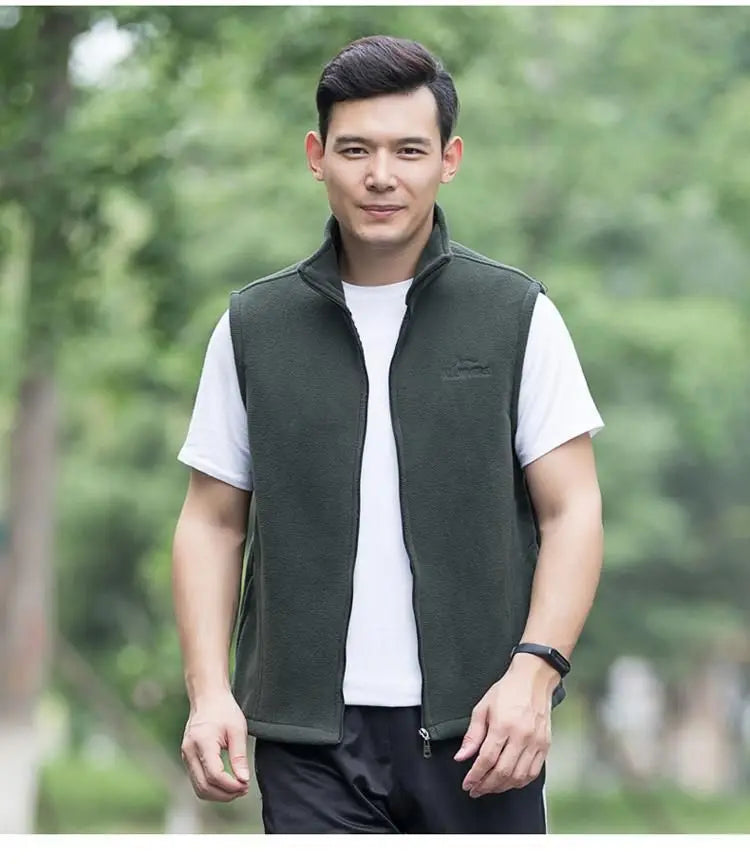 Men's Embroidery Vest Waistcoat Standing Collar Double-sided Fleece Warm Sleeveless Pocket Vest Outdoor Windproof Mens Jacket