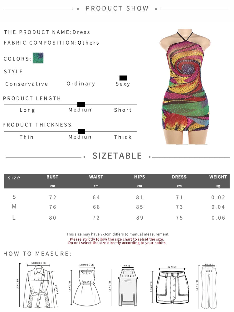 Kliou Colorful Print Mini Dress Woman Lace-Up Halter Off Shoulder Backless Skinny Wrap Hip Midnight Club Party Fashion Bodycon