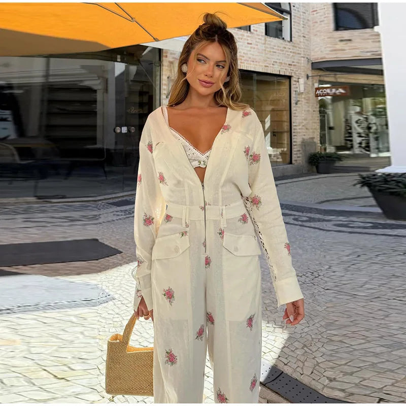 Elegant Print Women's Jumpsuits Fashion Long Sleeve V-neck Zippers Female Overalls 2026 Summer Autumn All-match Lady Outfit
