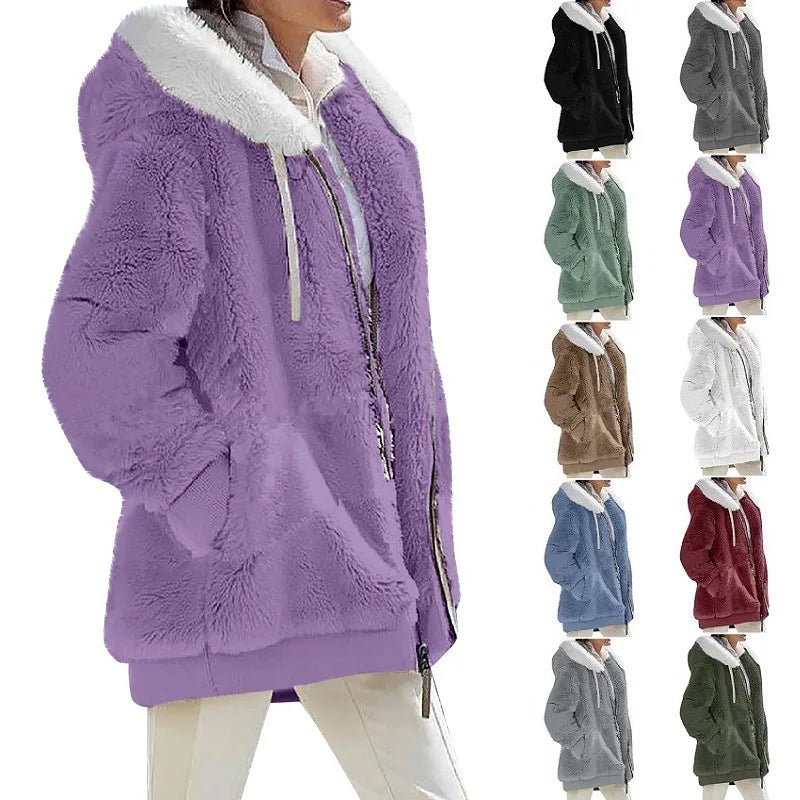 New Style Winter Fashion Women's Coat Casual Hooded Zipper Ladies Clothes Cashmere Women Fleece Jacket Solid Color Ladies Coats