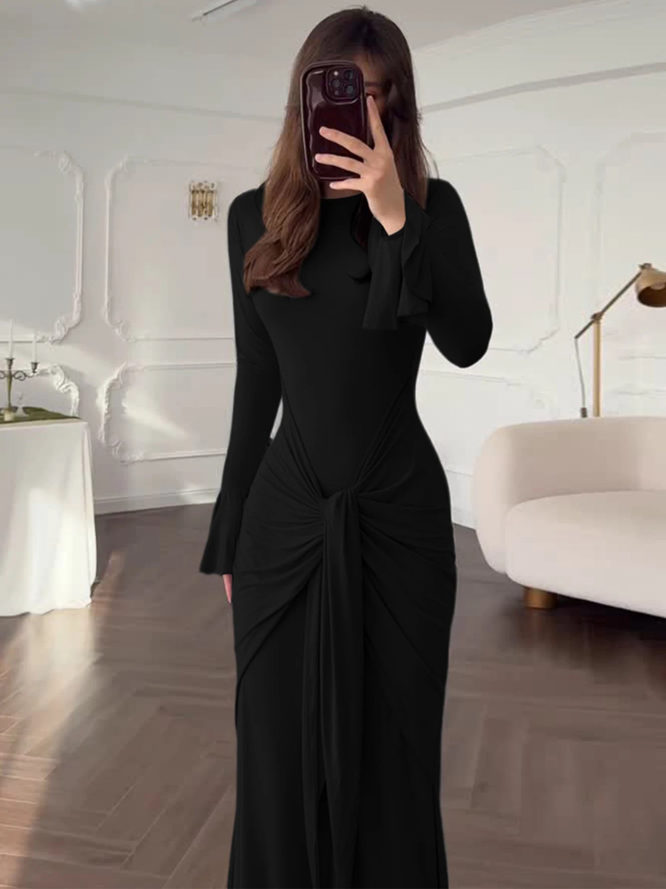 Dulzura O-Neck Long Flare Sleeve Ruched Lace Up Slim Long Dress Women'S Fashion Elegant Clothes Party Club Street Autumn Outfit