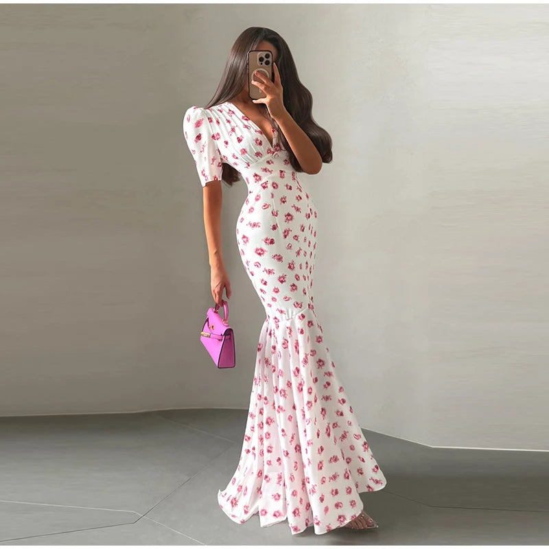 Slim Printed Waist-cinching Fishtail Dress 2026 Summer New Ladies Sexy V-neck Short Sleeve Split Long Robes Women's Party Gowns