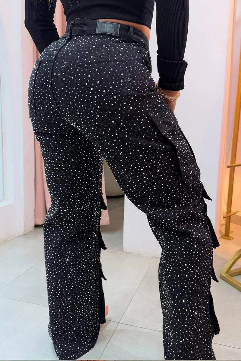 New 2026 Women's High Waist Cargo Denim Jeans with Full Rhinestones Sparkling Casual Baggy Pants Streetwear Chic Daily Trousers
