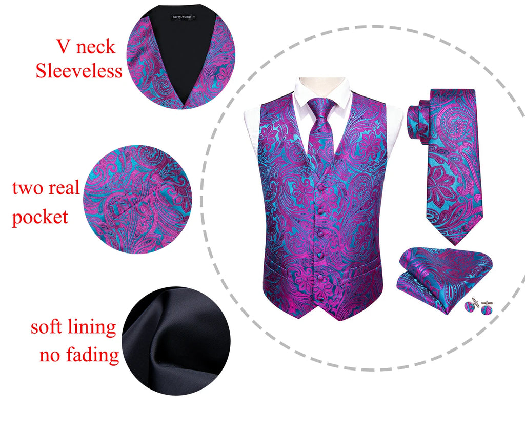 Designer Vest for Men Purple Embroidered Silk Waistcoat Tie Pocket Square Set Wedding Formal Male Suit Party Barry Wang