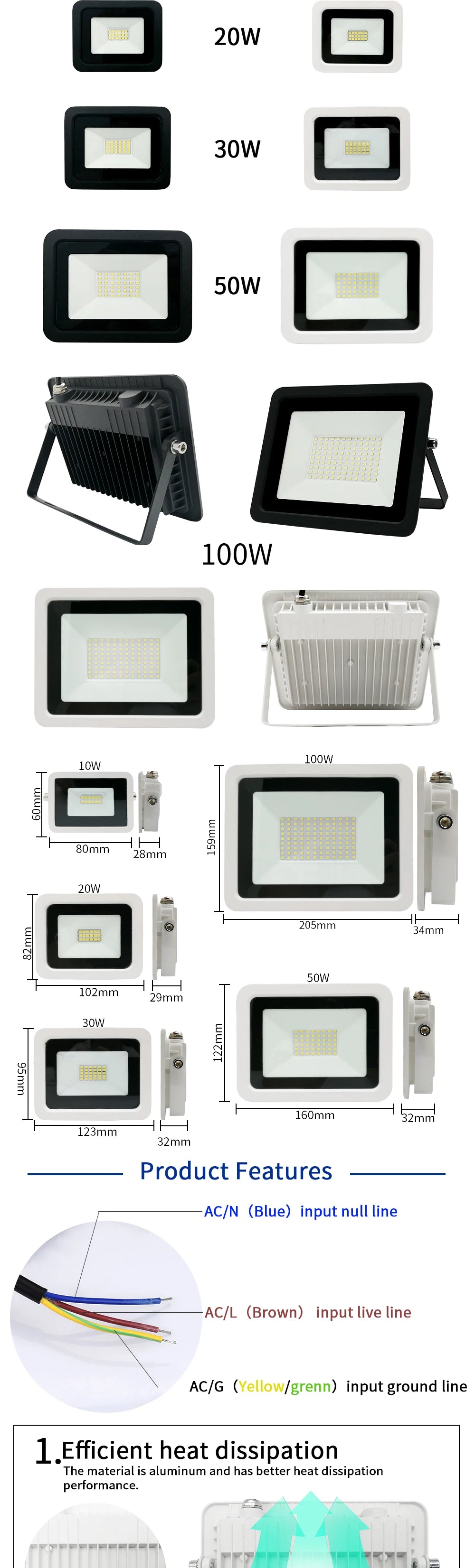 LED Flood Light 10W 20W 30W 50W 100W AC 220V Reflector Spotlight Street Light Wall Lamp IP68 Waterproof Outdoor Garden Lighting