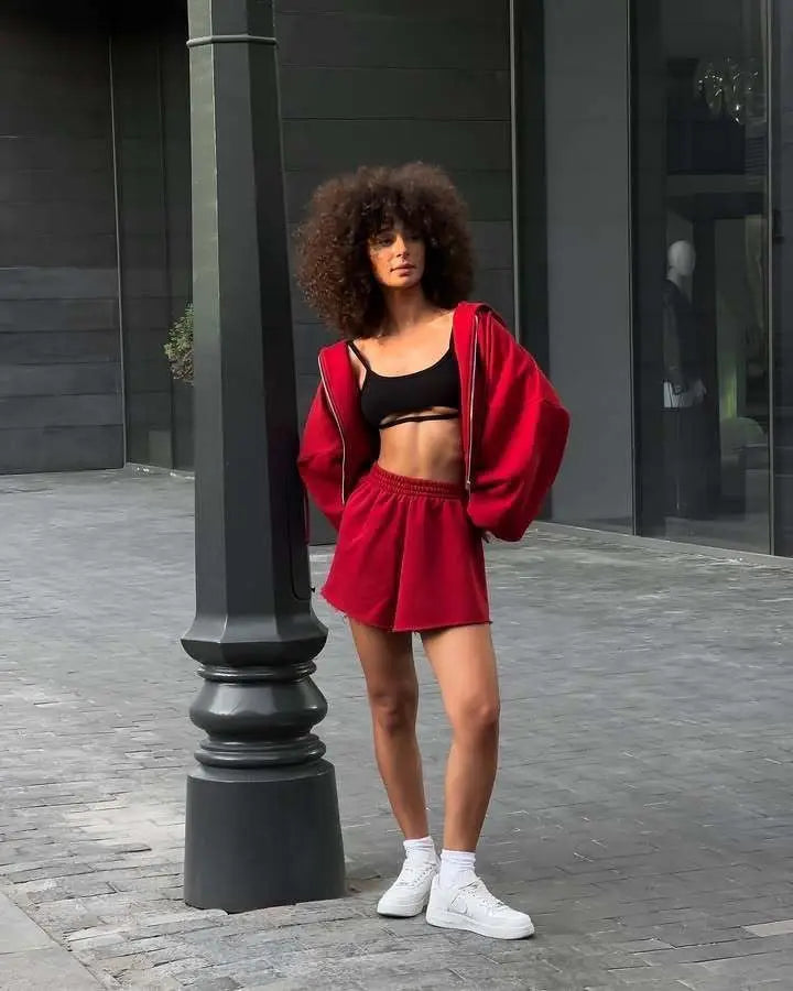 Women's Outfit Long-Sleeve Hooded Drawstring Sweatshirt Shorts Set Two-Piece Sets Sports Suit Sportswear Streetwear Trendy