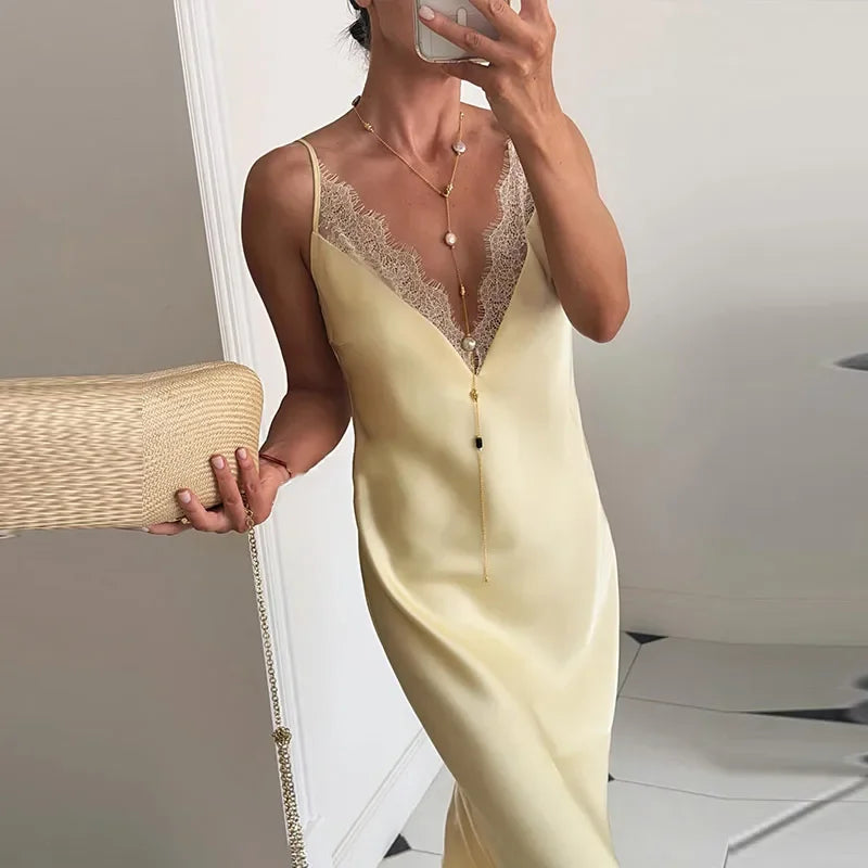 Elegant Lace Patchwork Women's Dress V-Neck Slip Top Sleeveless Lady Long Dresses 2026 Spring Summer Female Vacation Robe