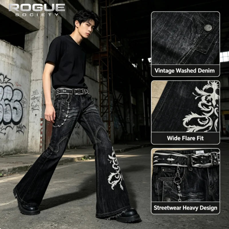 Summer Streetwear Embroidered Flare Jeans Men Y2K Retro Gothic Punk Casual Harajuku Distressed Vintage Black Denim Pants Unisex