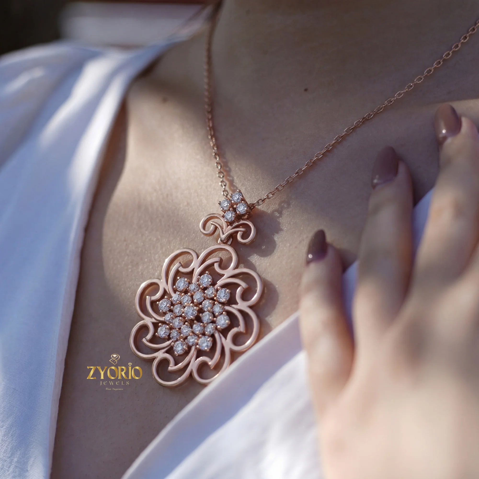 Rose Gold Floral Lab Grown Diamond Pendant Sterling Silver Elegant Sustainable Modern Luxury Women's Jewelry