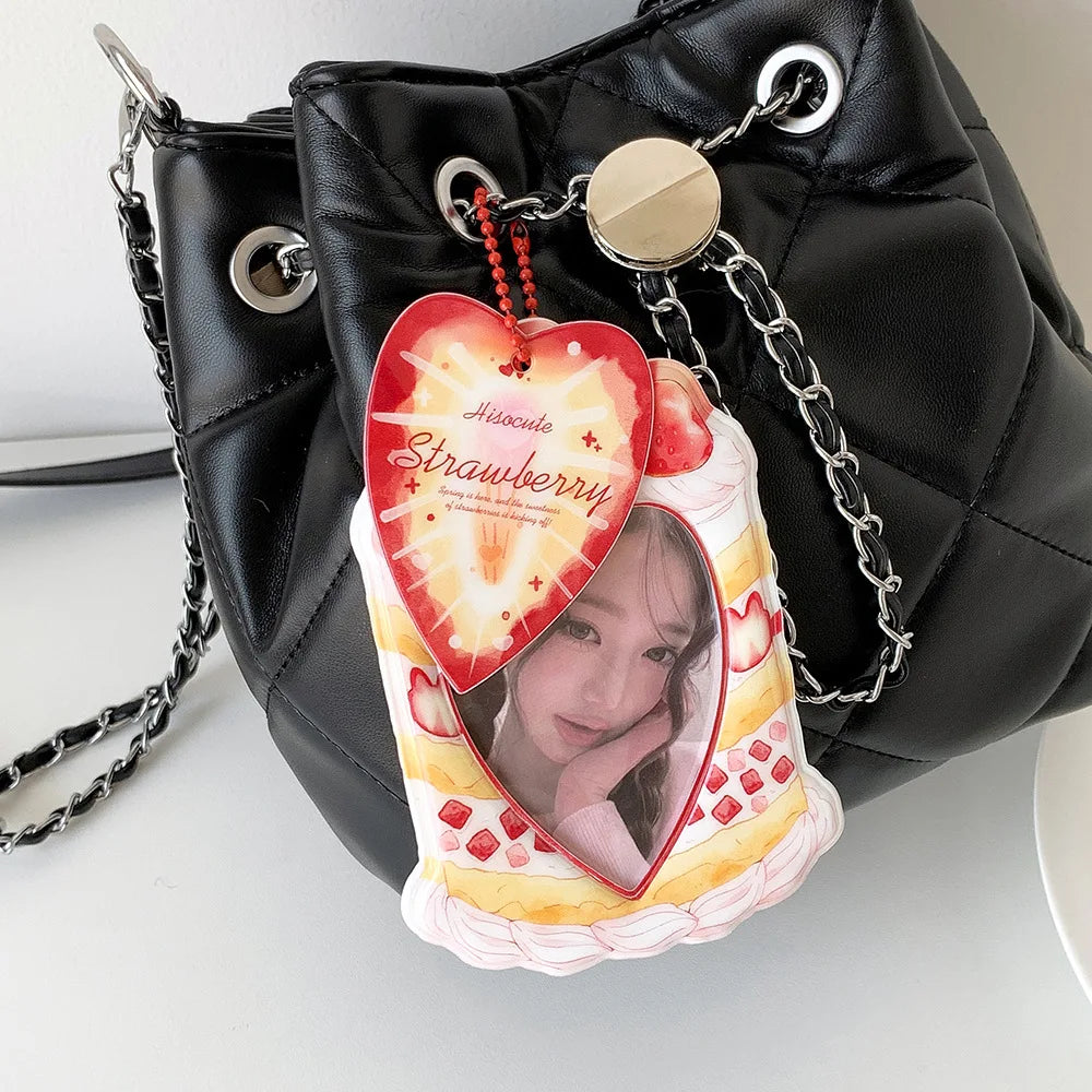 Fashion Cartoon Strawberry Cake Bag Pendant 3-Inch Card Holder Cute Girls Idol Photo Storage Card Bag Decoration Keychain Gifts