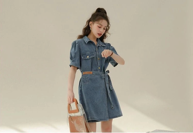 2026 Summer New Slimming Short Sleeve Midi Denim Dress Stylish Trendy Waist Cinching Women's Popular Wear