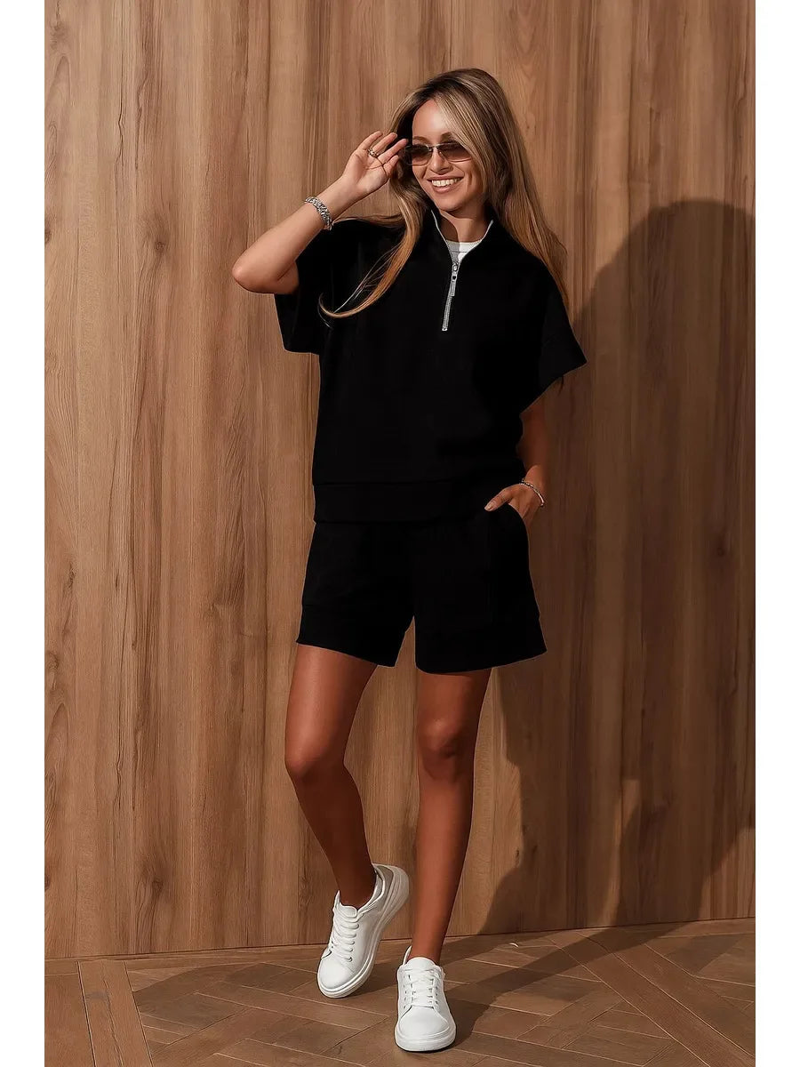 2026 Summer New Long-sleeved Shorts Sweater Set Solid Color Fashion Casual Short 2-piece Set