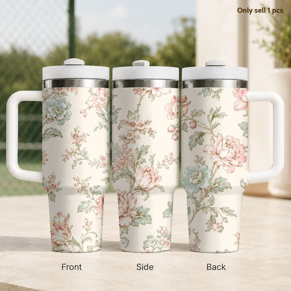Floral Seamless Patterns Vacuum Flasks 40oz Stainless Steel Insulated Tumbler With Handle & Straw Leakproof Travel Mug