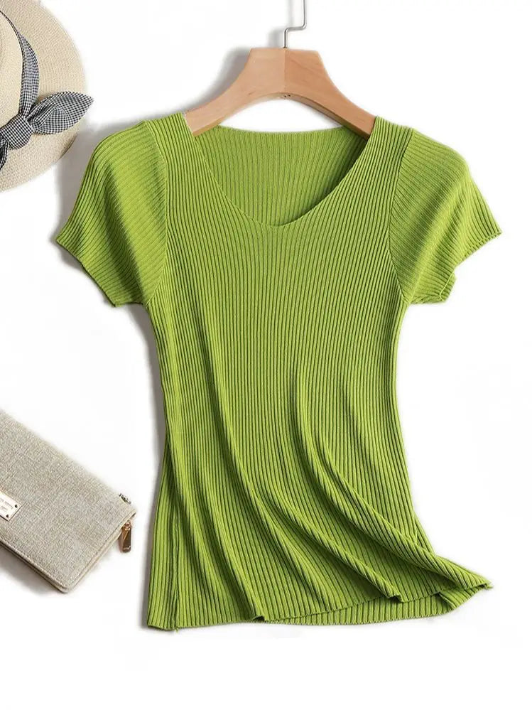 Pullover knitted Short Sleeve knitted Sweater Women Spring Summer Slim Basic Solid Casual Base Female knitting shirts 2024 Korea