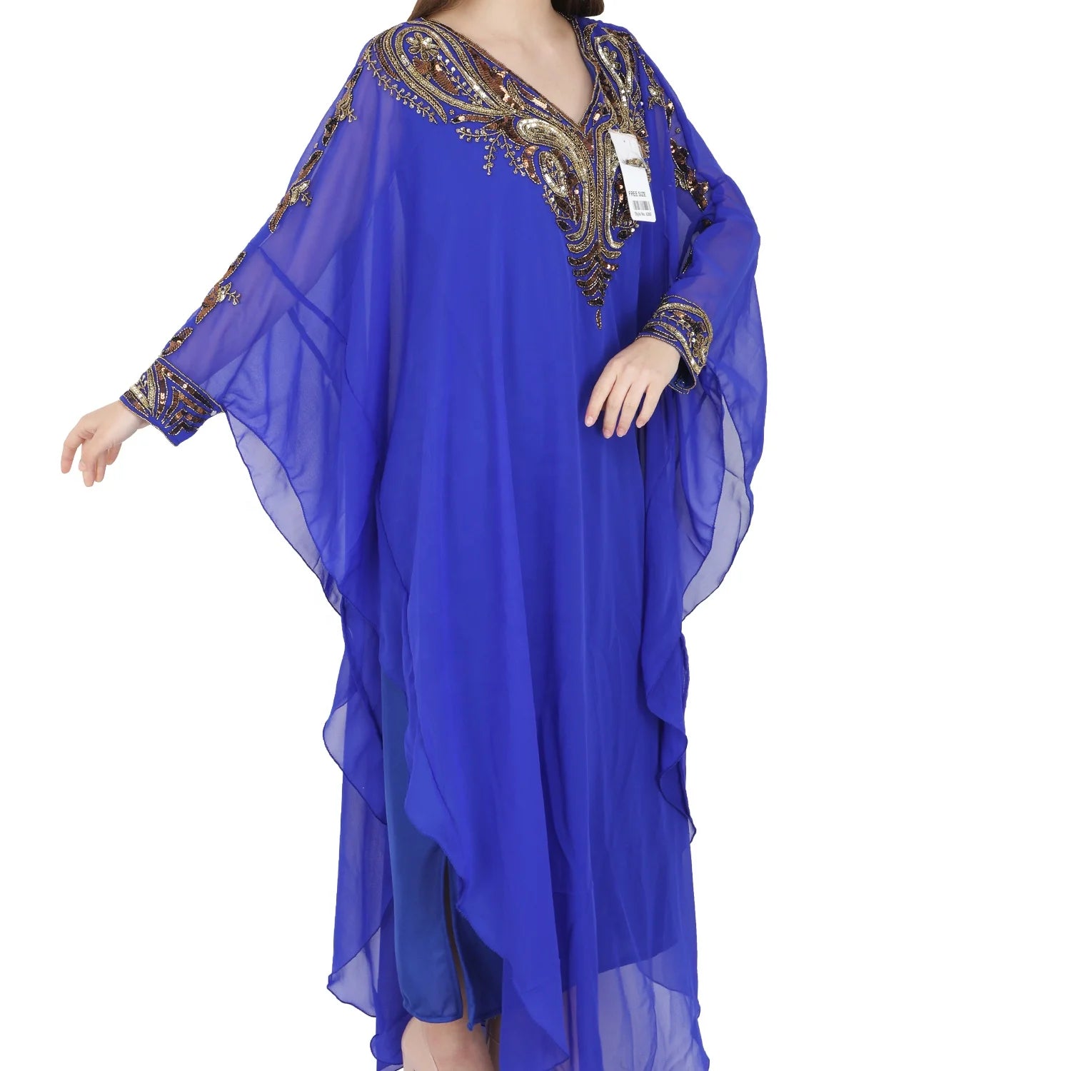 Muslim Kaftan Abaya Elegant Sequined Pearls Appliques Beading Georgette Straight Long Sleeve Floor-Length Women 2022 Hot Sell