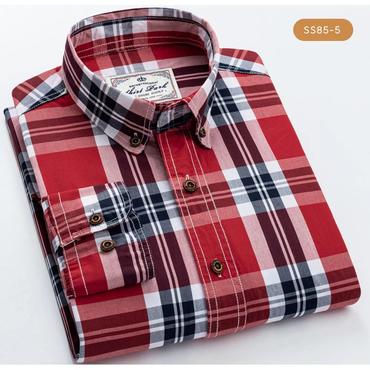 Men's 100% Cotton Plaid Long Sleeve Casual Shirt, Spring Autumn Lightweight & Breathable Slightly Slim Fit Button Down Shirts