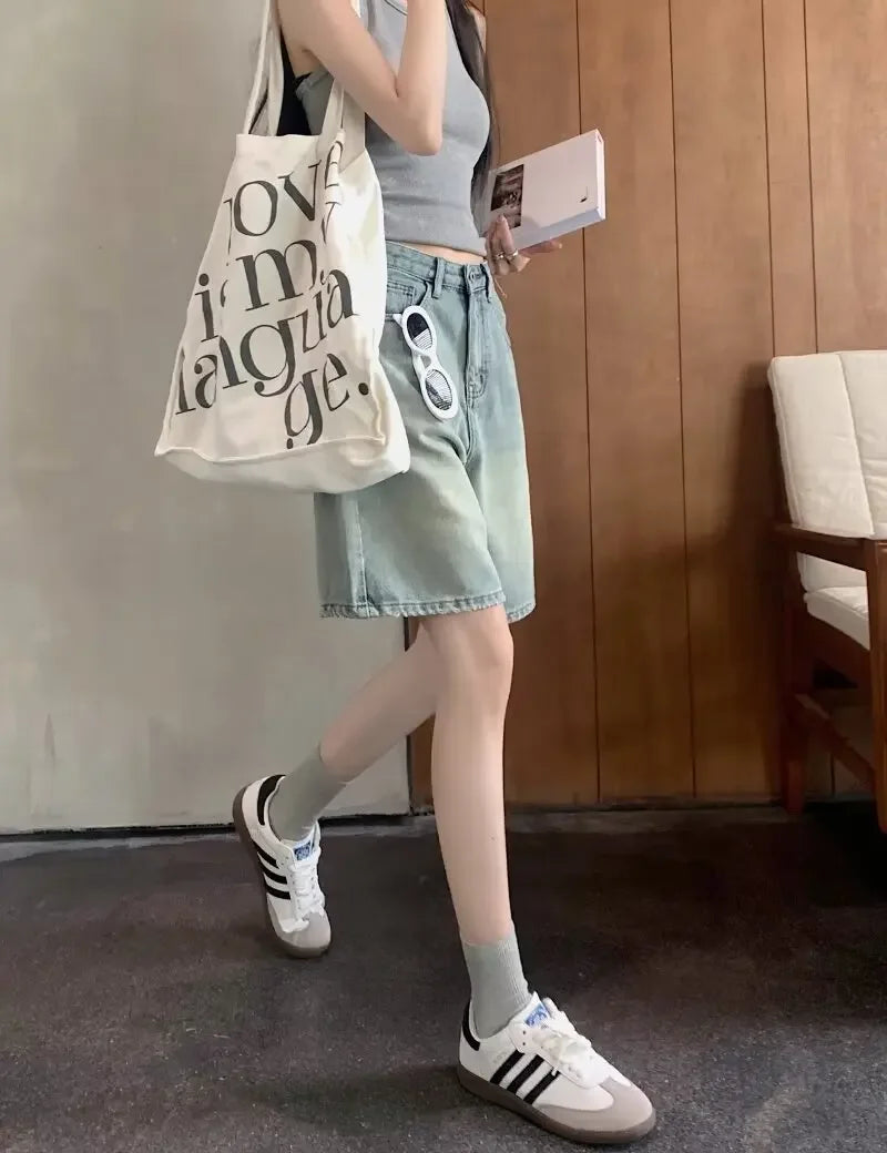 Summer High Waist Retro Jean Shorts for Women Loose Straight Denim Fashion Versatile Leisure Shorts Women's 2026